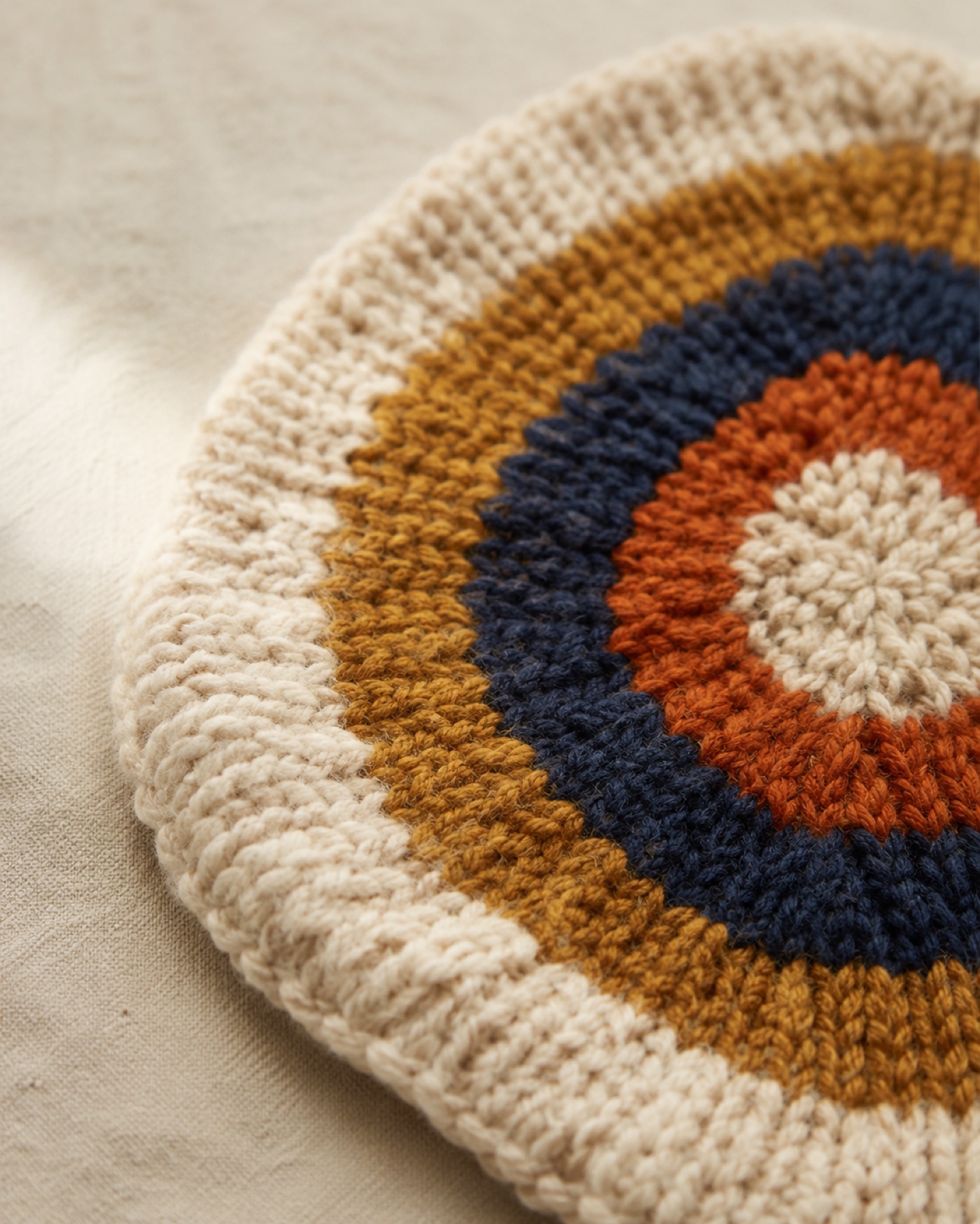 Hand-knitted cloth with concentric ochre, navy and terracotta rings